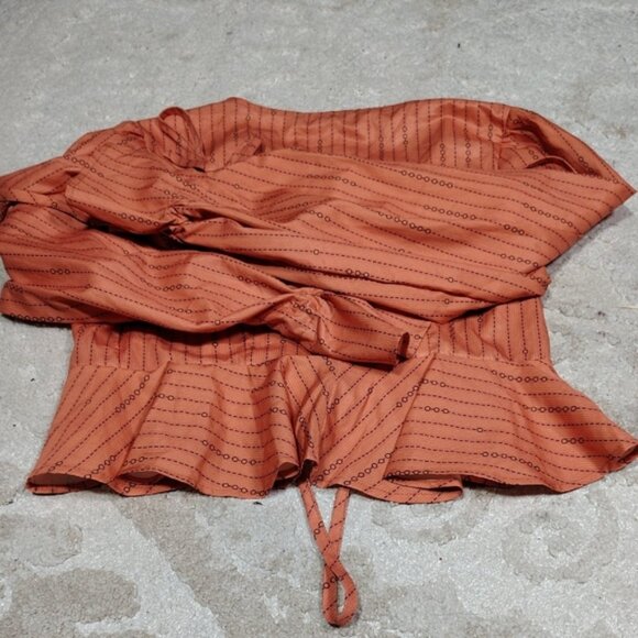 SHEIN Orange Striped Puff Sleeve Tie Front Peplum Blouse Women M - Picture 5 of 5